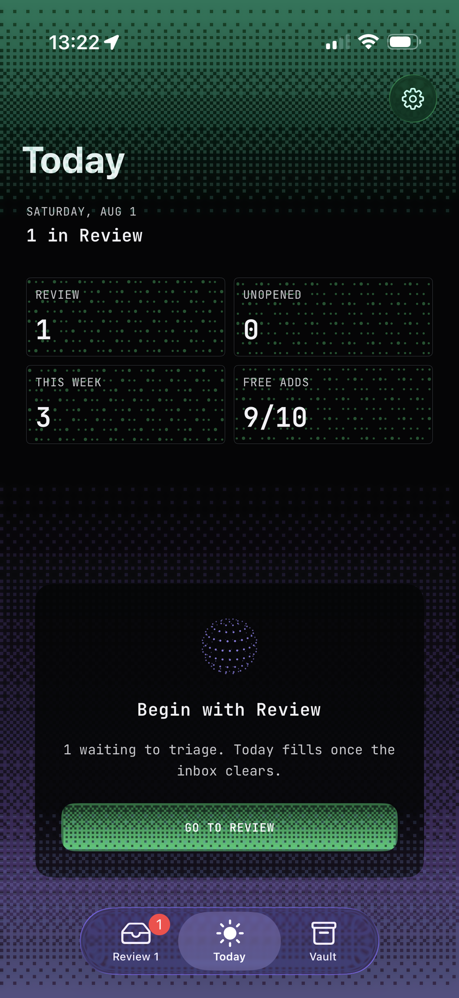 BookmarksMind Today screen with short daily agenda and Review pulse
