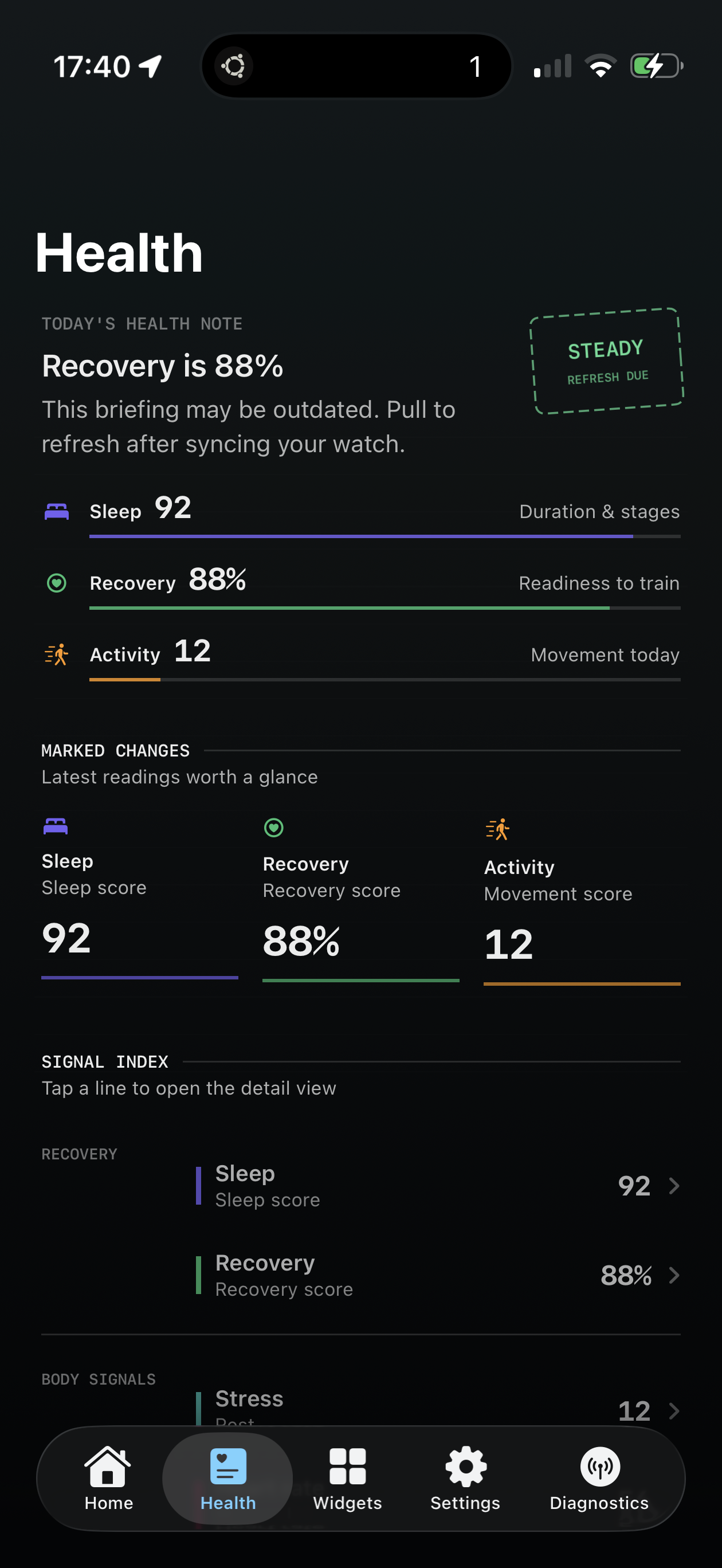 WristGrid Health screen showing Sleep 92, Recovery 88%, and Activity 12