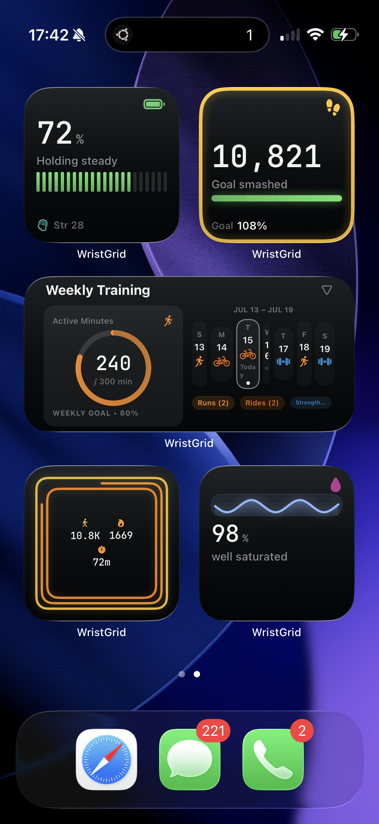 WristGrid widgets arranged on an iPhone Home Screen over a blue and purple wallpaper