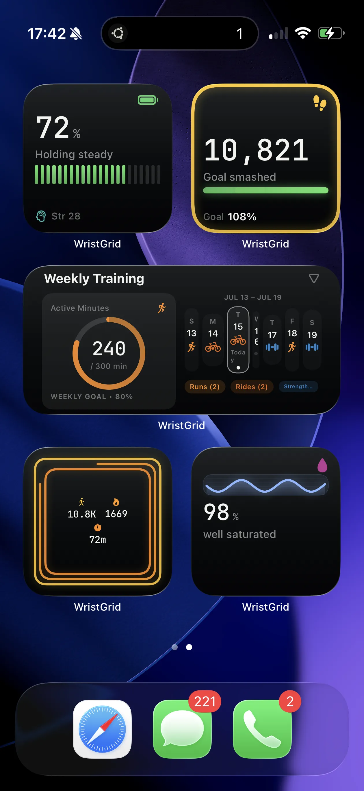 WristGrid Garmin widgets on an iPhone Home Screen over a blue and purple wallpaper