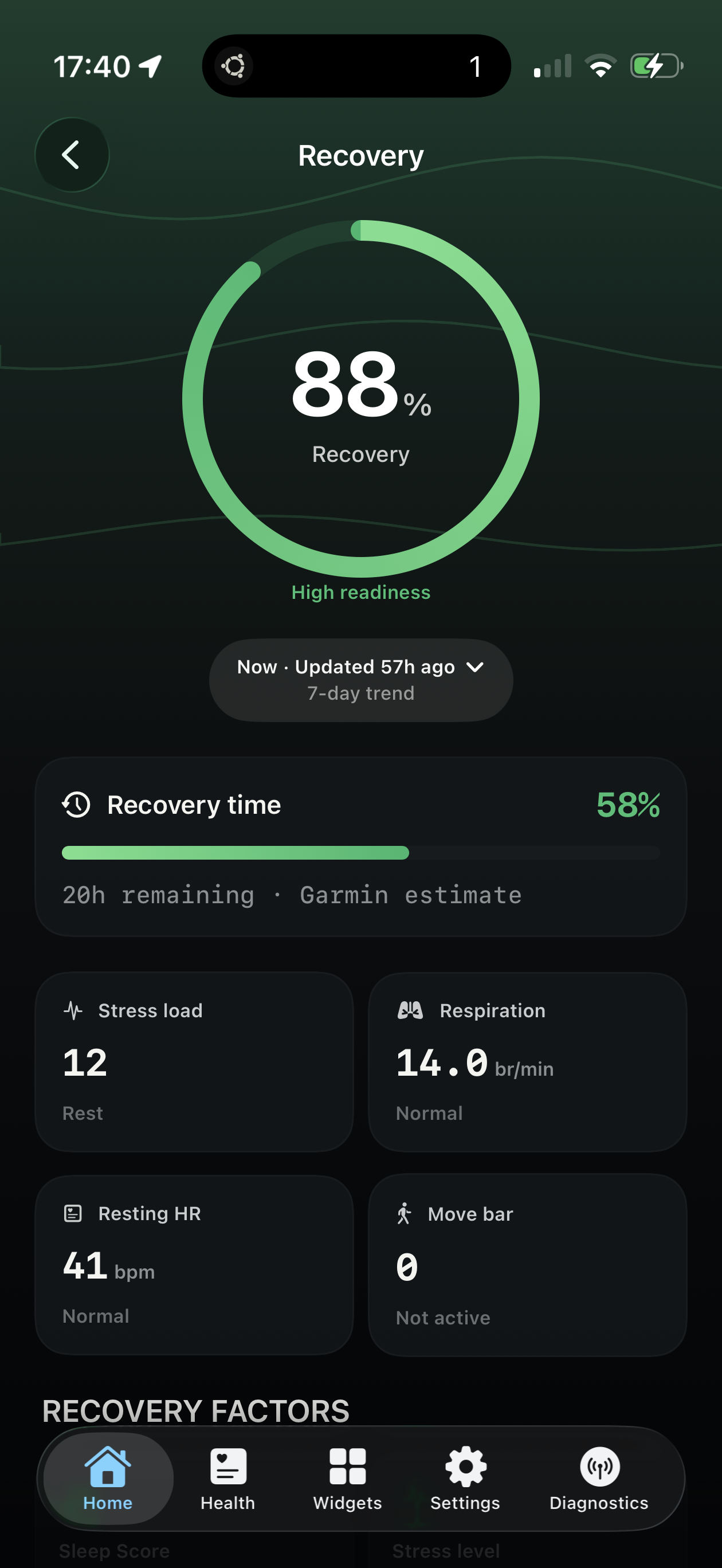 WristGrid Recovery screen showing an 88% recovery score, recovery time, stress load, respiration, resting heart rate, and move bar