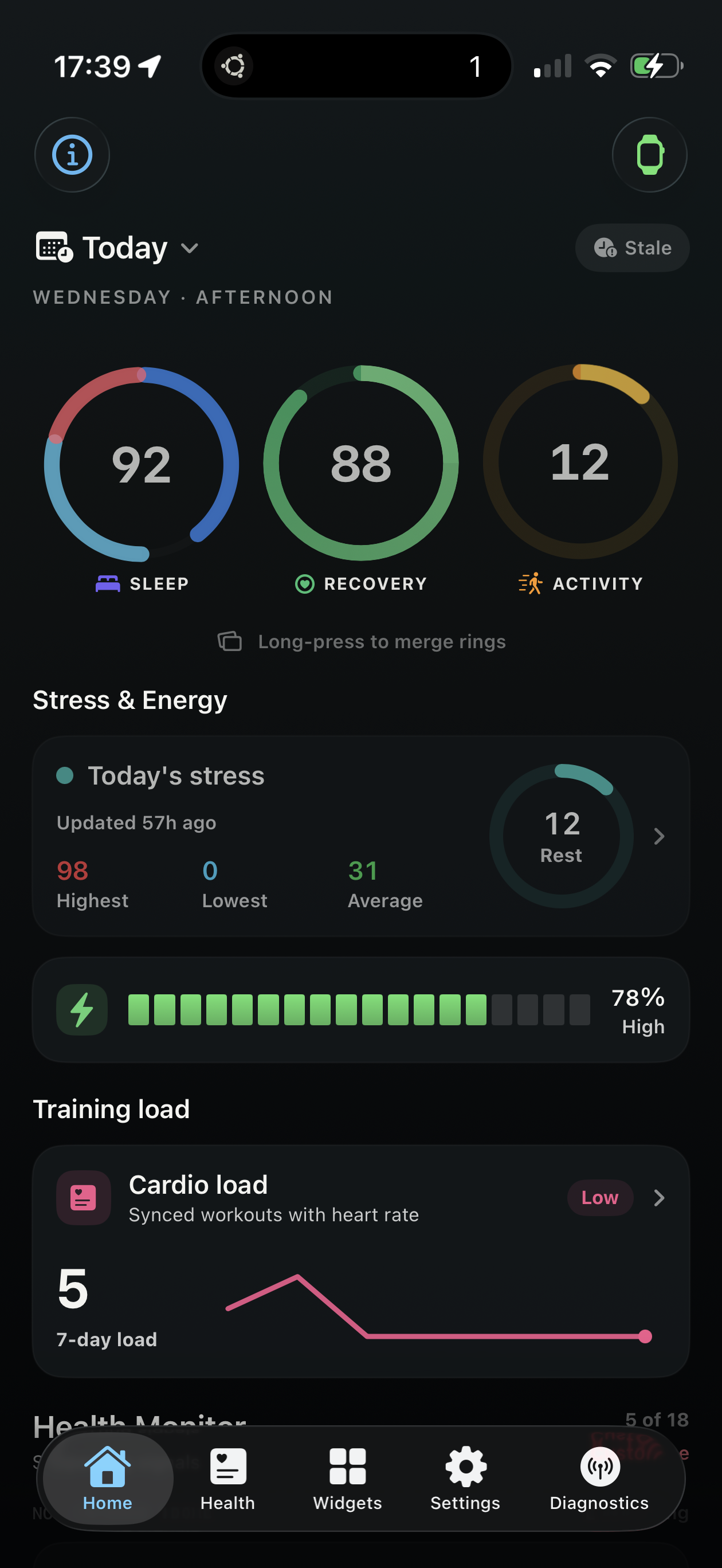 WristGrid Today dashboard showing Sleep 92, Recovery 88%, Activity 12, and stress context