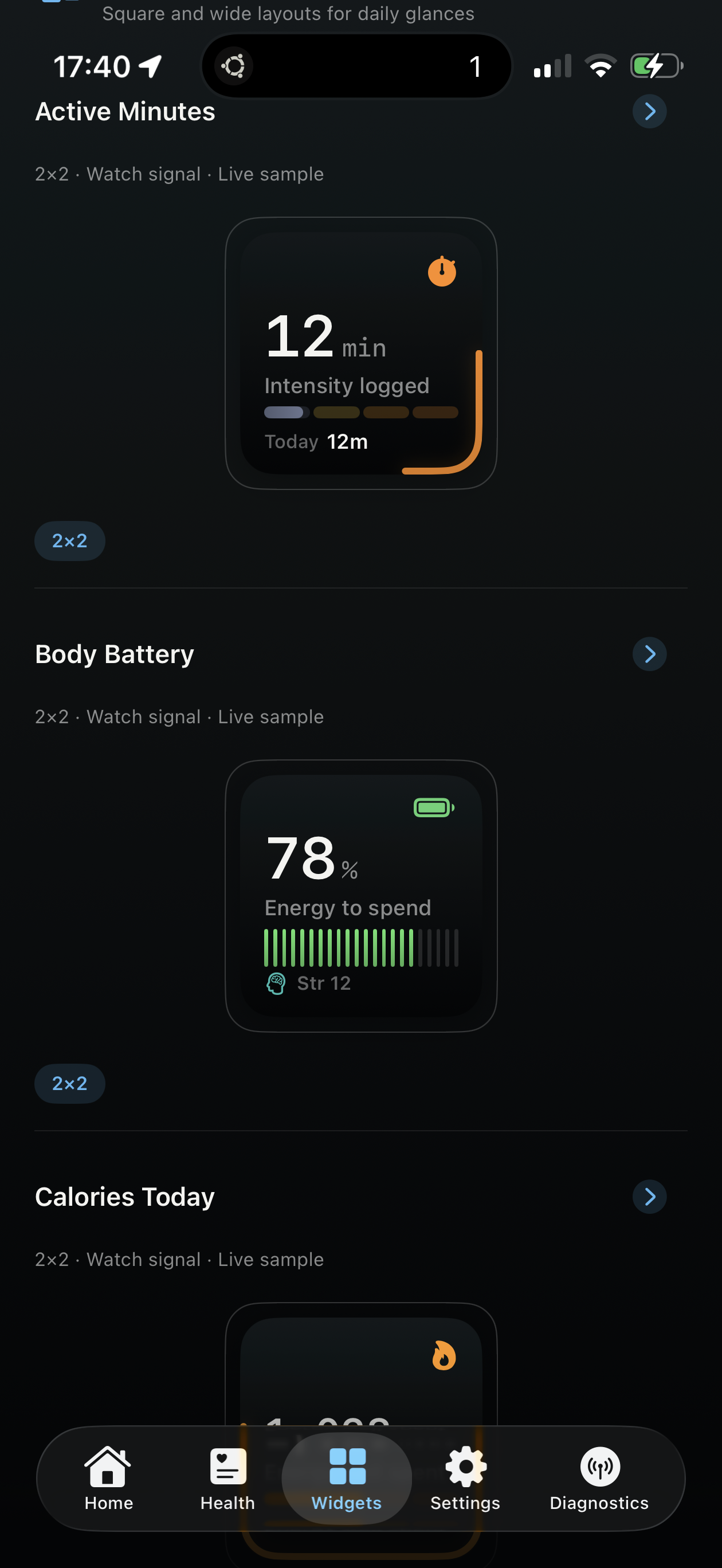 WristGrid Widgets screen showing Active Minutes, Body Battery, and Calories Today layouts